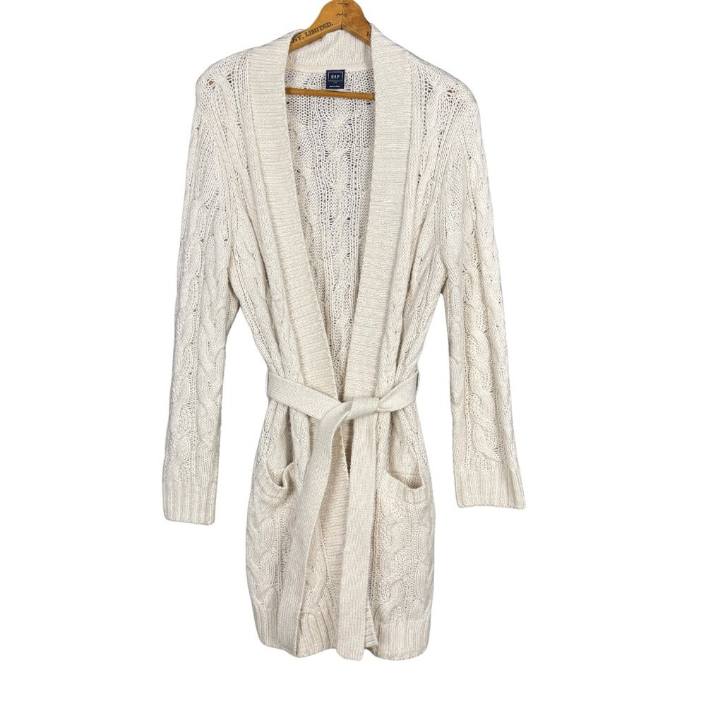 GAP Cream Cable Knit Cardigan Sweater Belted Cozy Soft Minimalist Layering Piece